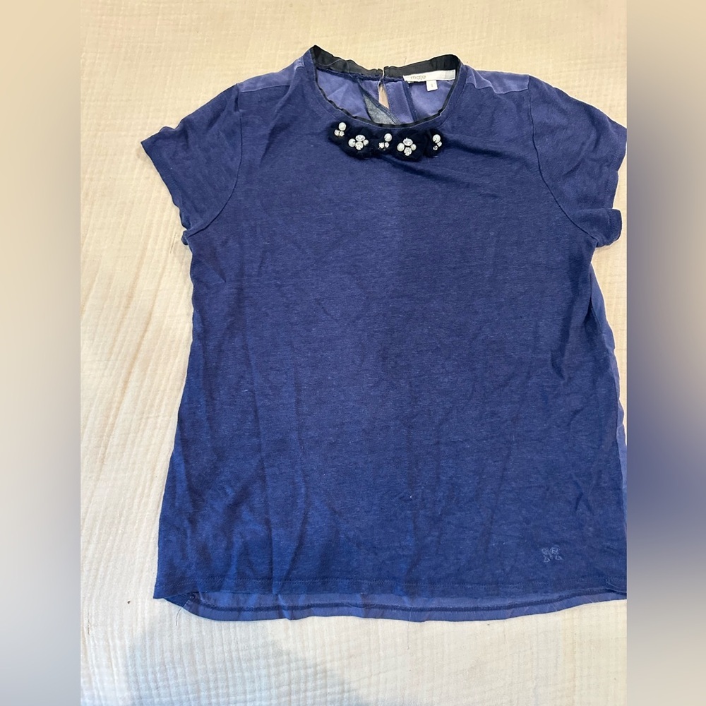 Maje Blue Short Sleeve Top with Bejeweled Neckline
